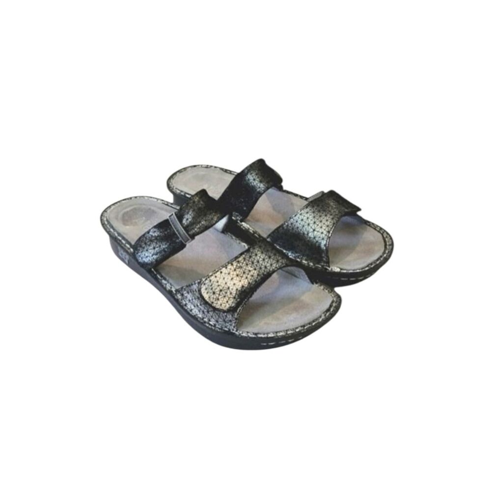 Alegria By PG Lite Karmen Pewter Wavy Leather Platform Slide Sandal Size EU 40